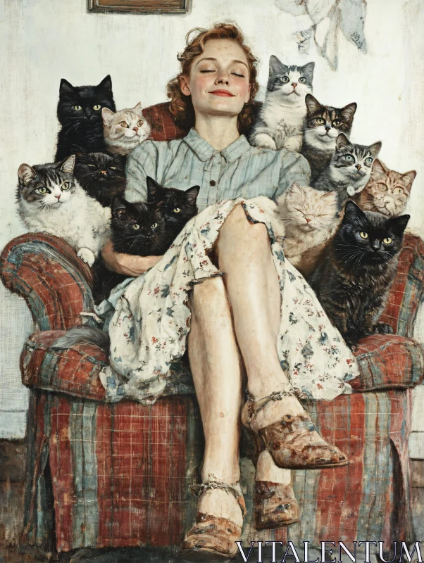 AI ART Blissful Woman with Cats in Vintage Chair