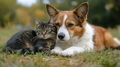 Companionship of Cat and Dog in Natural Surroundings