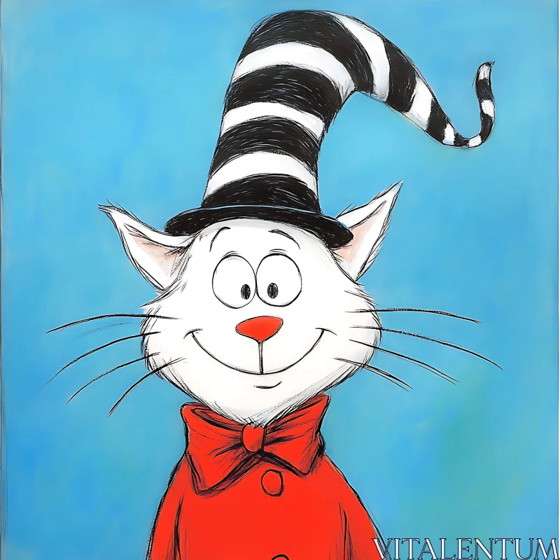 Adorable Cartoon Cat in Striped Hat and Red Bow Tie AI Image