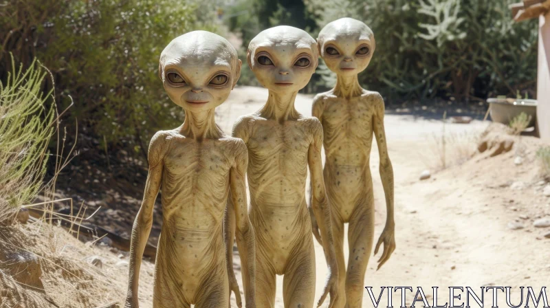 AI ART Alien Encounter: Mysterious Extraterrestrial Beings in Desert Landscape