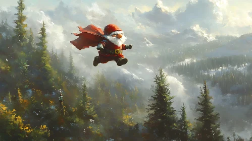 Gnome in a Red Cape Soaring Above Mountainous Forest