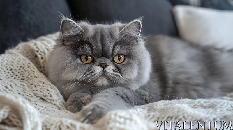 Fluffy Gray Persian Cat Lounging AI Image