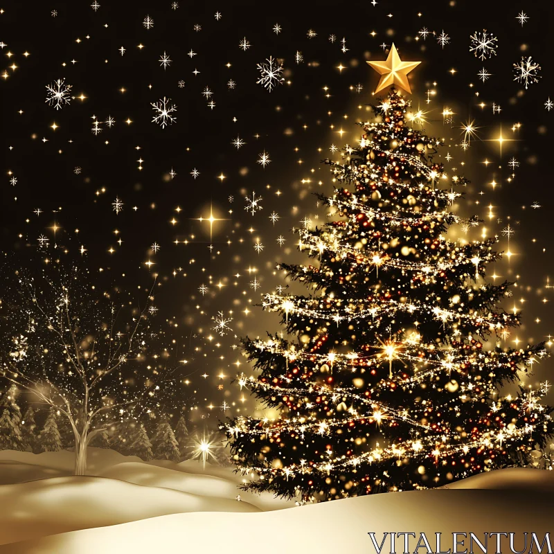 Festive Christmas Tree with Glowing Star in Winter Wonderland AI Image