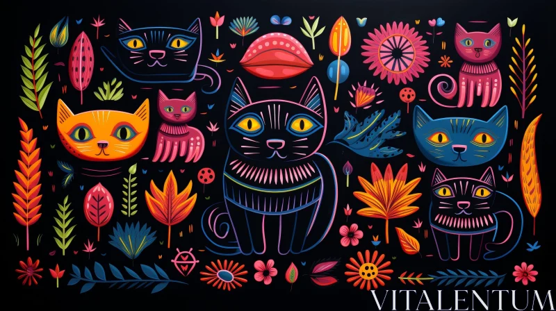 Colorful Cats and Flowers Painting AI Image