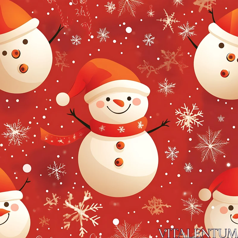 Christmas Snowmen on Red Background AI Image