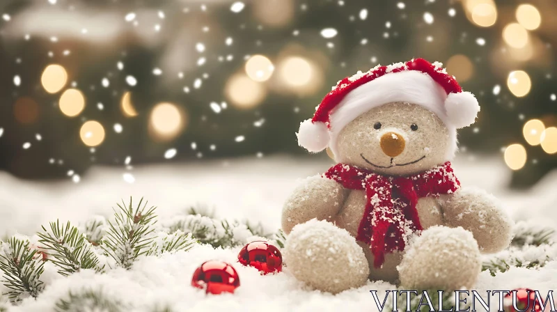 Teddy Bear in Snow with Christmas Decorations AI Image