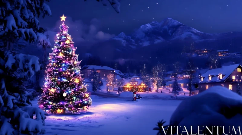 Christmas Tree in Snowy Night Mountain Village AI Image