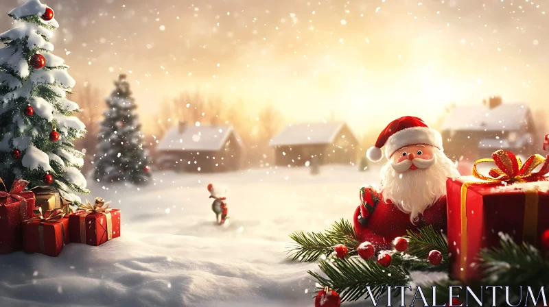 Magical Christmas Landscape with Santa, Tree, and Gifts AI Image