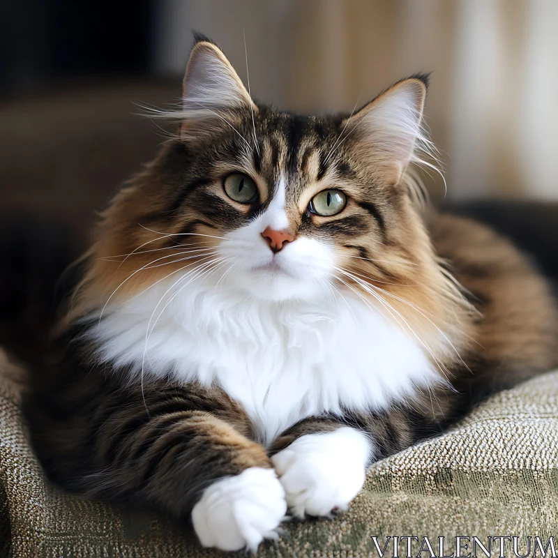 Elegant Feline with Fluffy Fur and Green Eyes AI Image