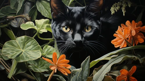 Enigmatic Black Cat in Garden Painting