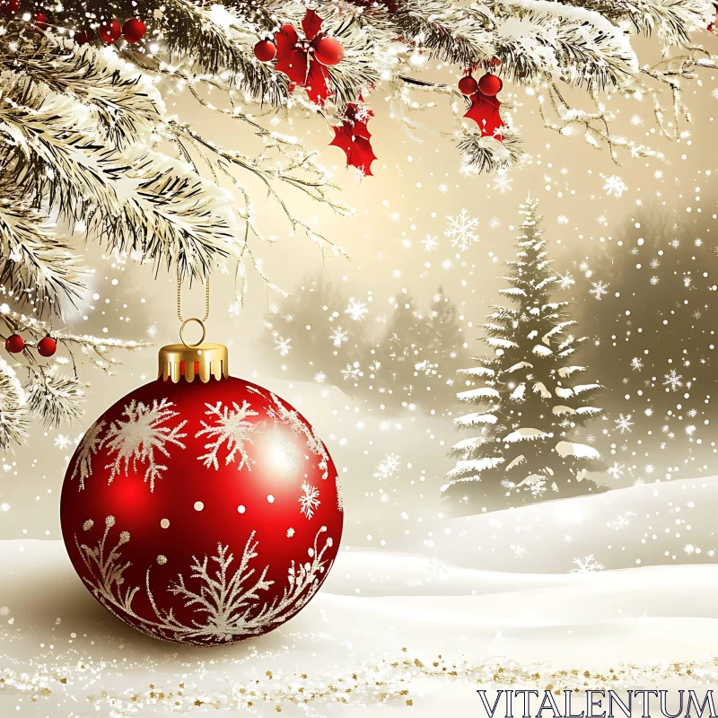 Holiday Scene with Red Ornament and Snowy Trees AI Image