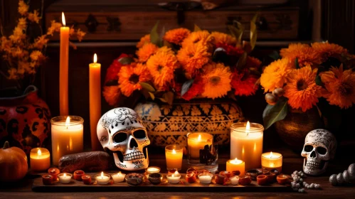 Mysterious Skulls, Orange Flowers, and Candles - A Captivating Image