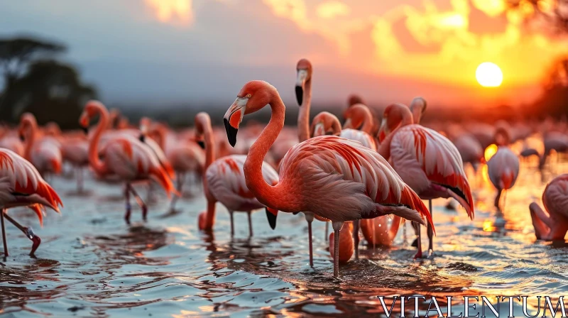 Pink Flamingos at Sunset: A Serene Nature Scene AI Image