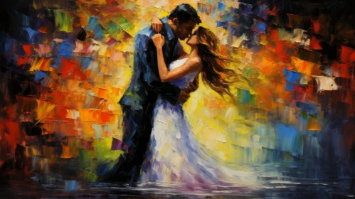Romantic Couple Dancing in Rain Oil Painting