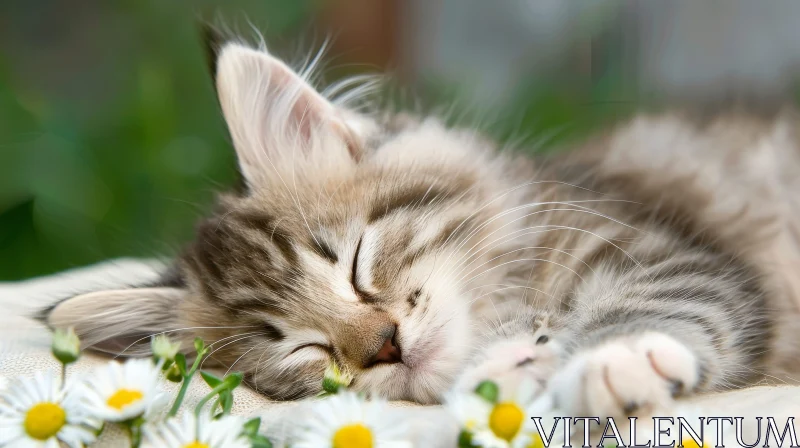 Tabby Kitten Sleeping in Chamomile Field AI Image