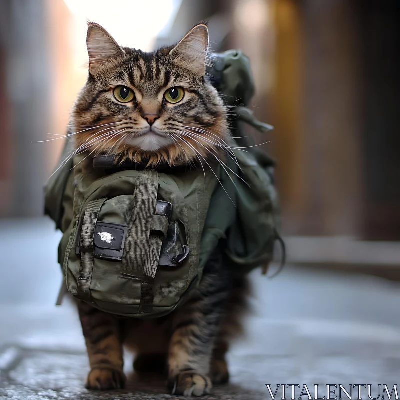 Adventure Cat with Military Backpack AI Image