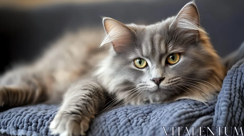 AI ART Fluffy Grey Cat Relaxing on a Blanket