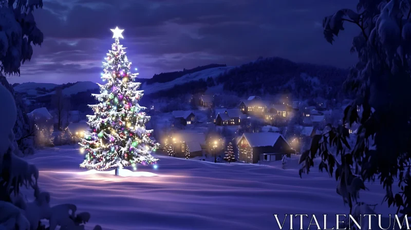 Christmas Tree Under Twilight in a Snowy Village AI Image