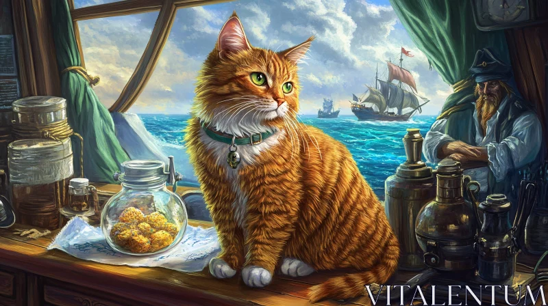 Green-eyed Cat and Ships on the Ocean AI Image