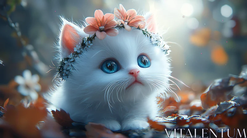 AI ART Charming Kitten with Floral Headpiece Among Autumn Leaves