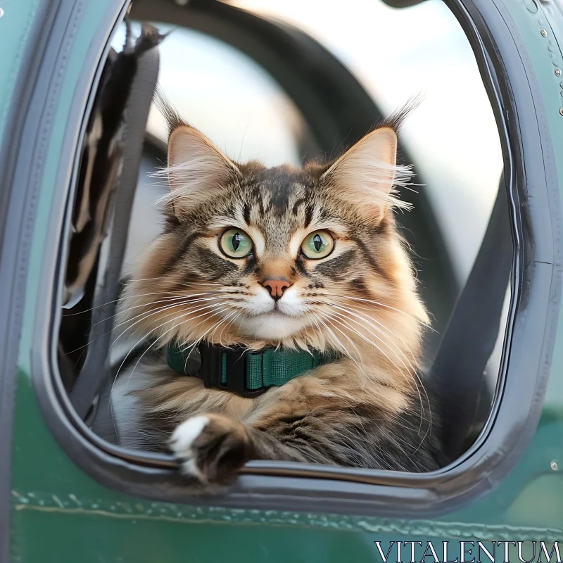 Green-Eyed Cat Portrait in Vehicle AI Image