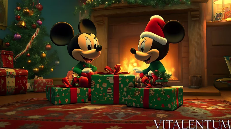 Christmas Morning with Cartoon Characters by the Fireplace AI Image