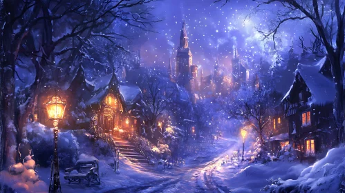 Snow-Covered Village at Night