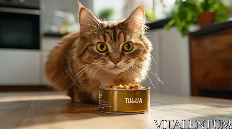 Playful Tabby Cat in Kitchen with TULUA Cat Food AI Image