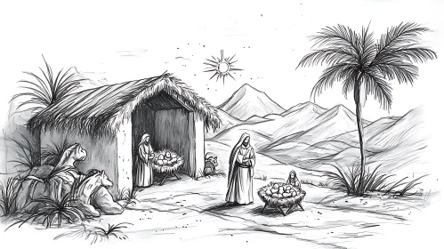 Black and White Nativity Scene Drawing