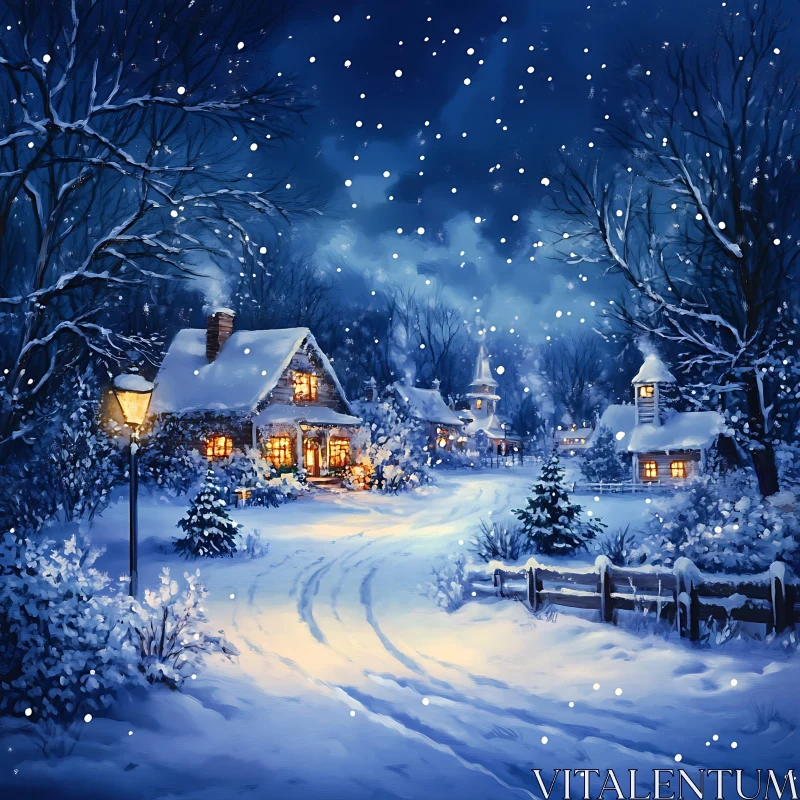 Snowy Night with Glowing Cottages and Falling Snow AI Image