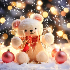 Holiday Scene with Teddy Bear and Sparkling Wine