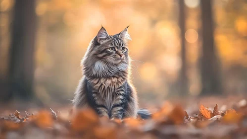 Majestic Tabby Cat Amidst Autumn Leaves