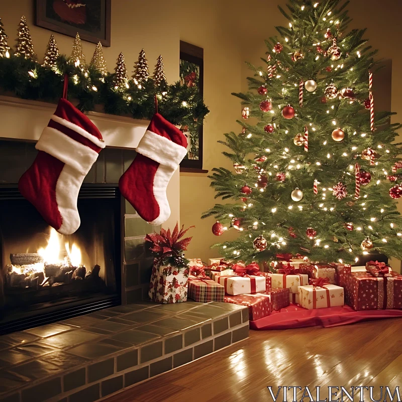 Warm Christmas Fireplace Scene with Decorated Tree AI Image