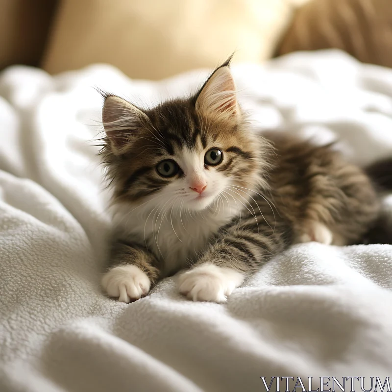 Charming Kitten Lying on a Cozy White Blanket AI Image