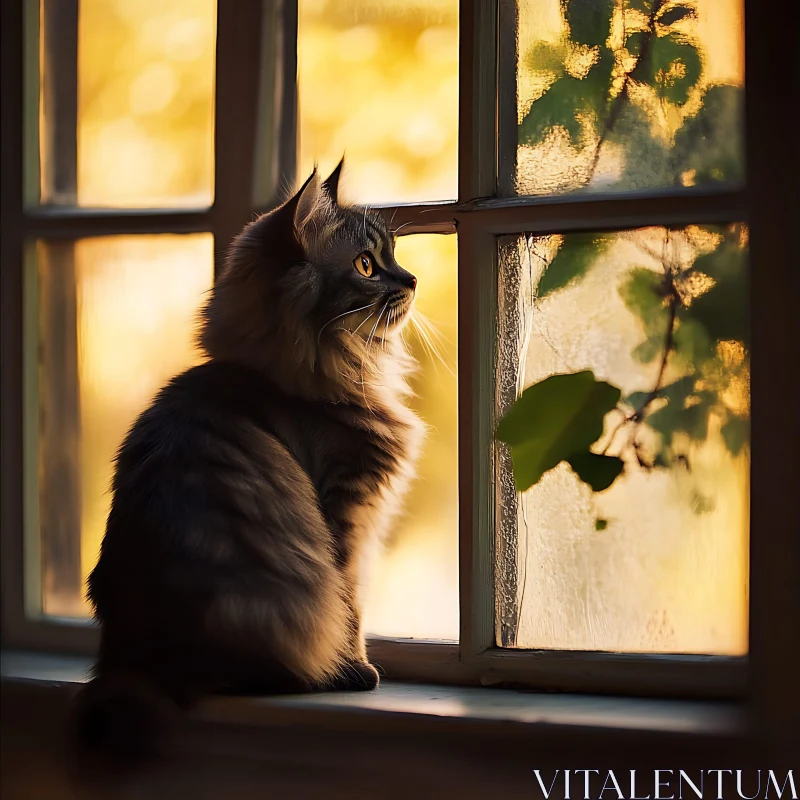 Cat by the Window in Golden Sunlight AI Image