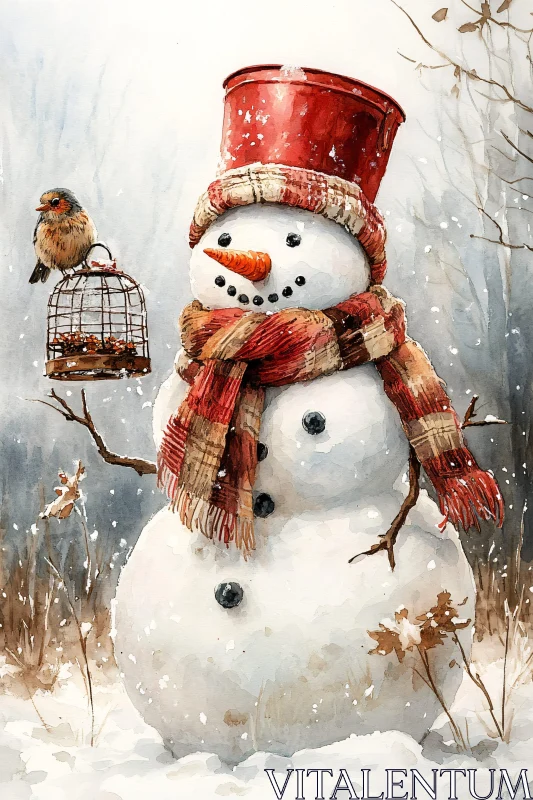 AI ART Winter Wonderland: Snowman with Bird and Snowfall