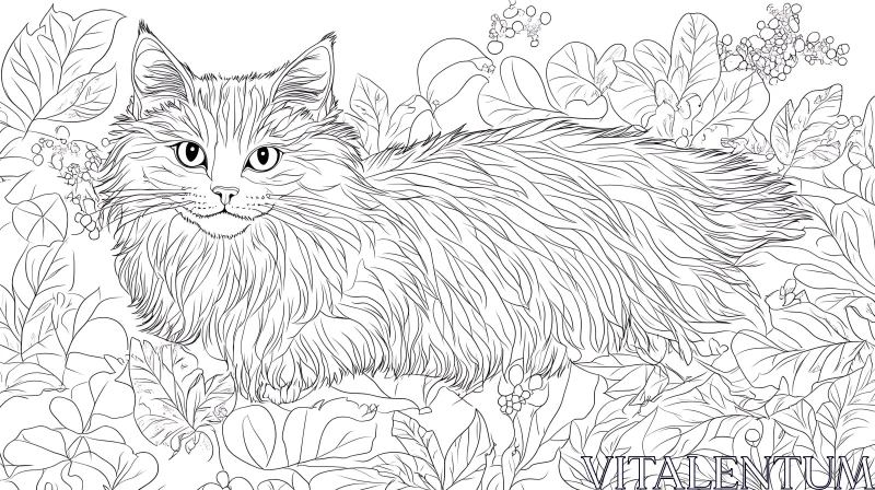 Intricate Cat and Nature Line Art AI Image