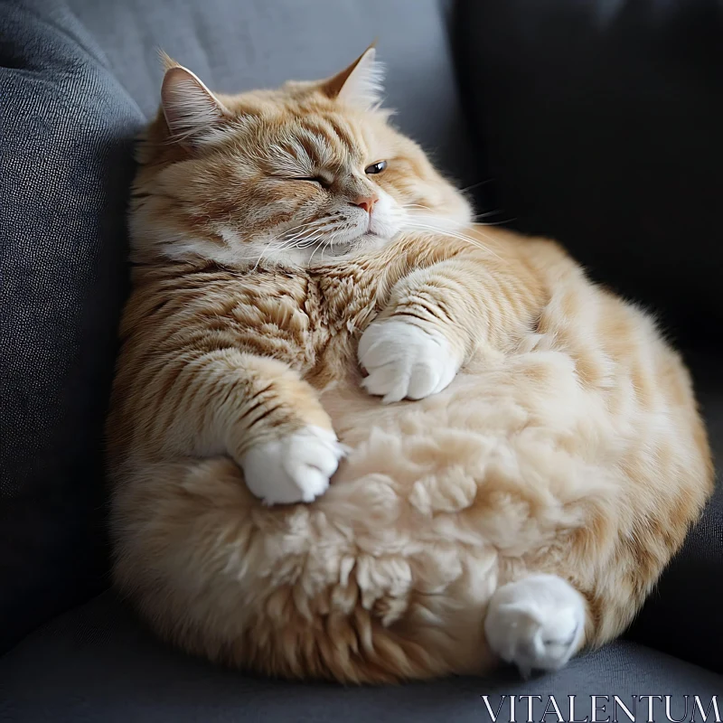 Relaxed Fluffy Cat on Grey Couch AI Image