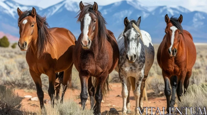 Captivating Photograph of Four Wild Horses in a Desert Landscape AI Image