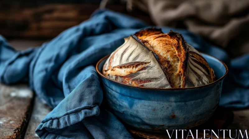 Close-Up of Golden-Brown Sourdough Bread in Blue Ceramic Bowl AI Image
