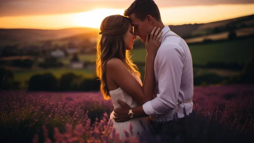 Couple Embracing in Lavender Fields at Sunset - A romantic fantasy