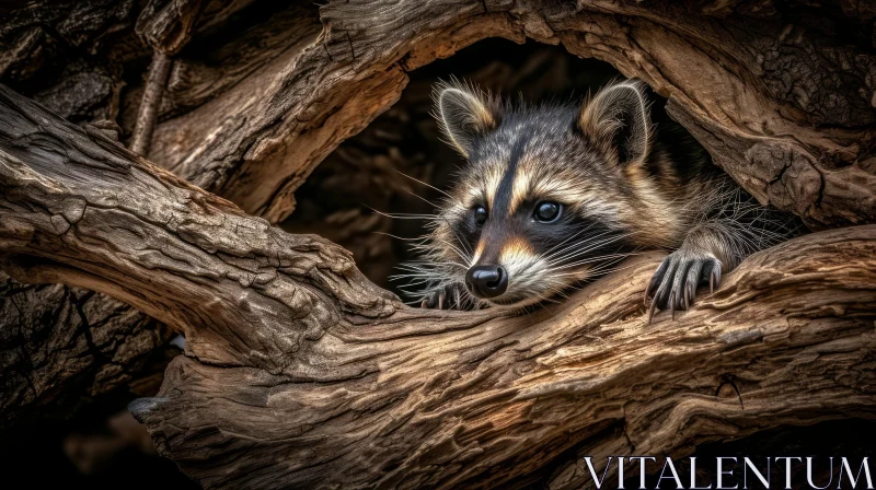 Curious Raccoon Portrait Peeking from Tree Hole AI Image