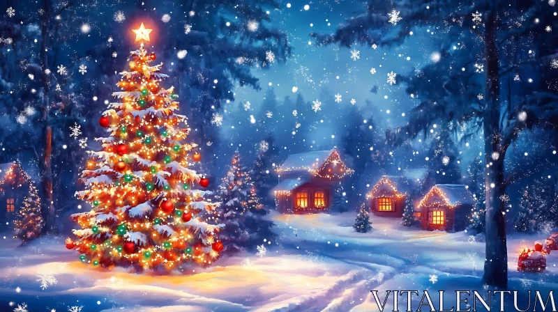 Festive Snow-Covered Holiday Scene with Decorated Tree AI Image