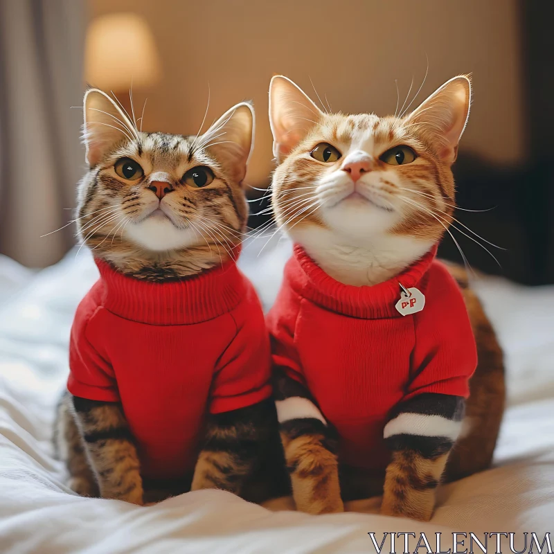 Cute Cats in Matching Red Sweaters AI Image