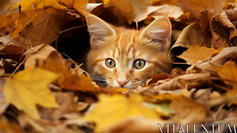 Ginger Kitten in Fallen Leaves AI Image