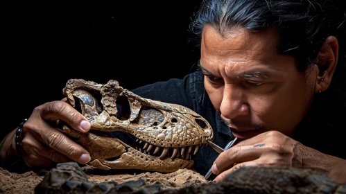Intense Portrait of a Man Examining a Dinosaur Skeleton