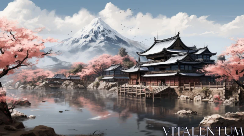 Serene Asian Village Near Lake - Digital Painting AI Image