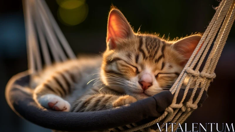 AI ART Tabby Kitten Sleeping in Hammock - Serene Nature Scene