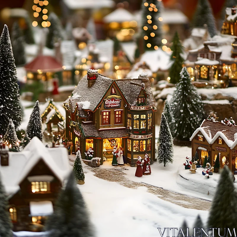 Miniature Snow-Covered Christmas Village AI Image