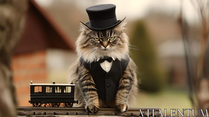 Elegant Feline with Miniature Train AI Image